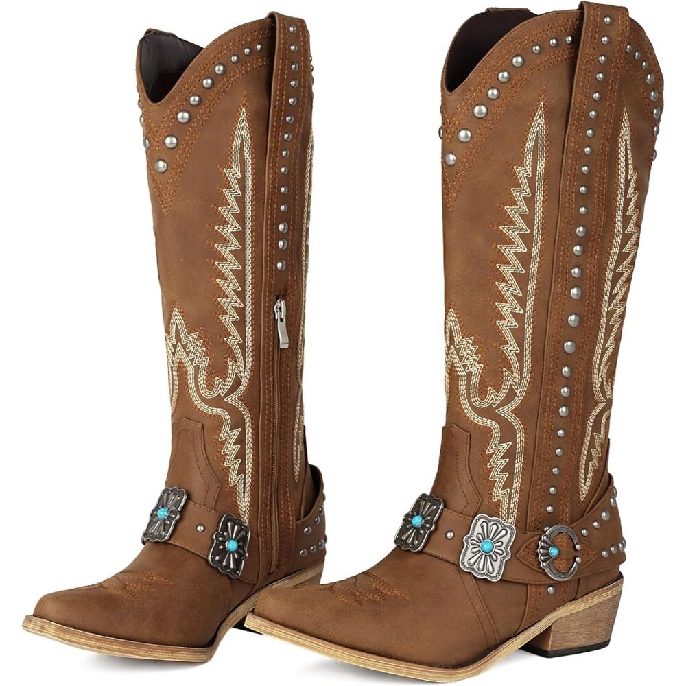 Women's Metallic Buckle Turquoise Knee High Rubber Rivet Western Brown Boots - Picture 2 of 6